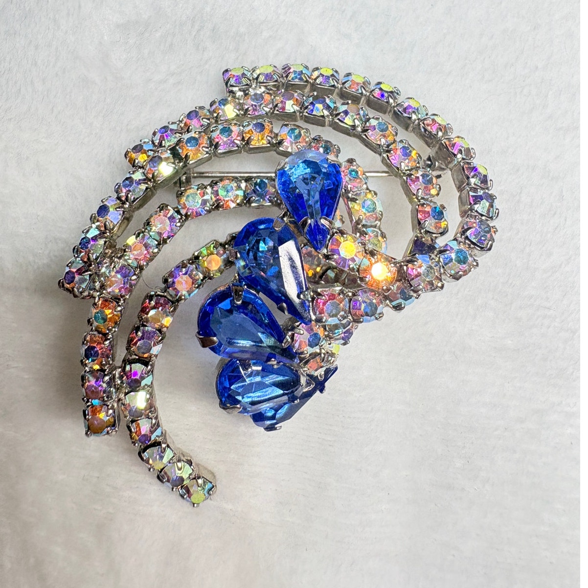 Vintage Sapphire And Ab Rhinestone Spray Brooch, Mid-Century